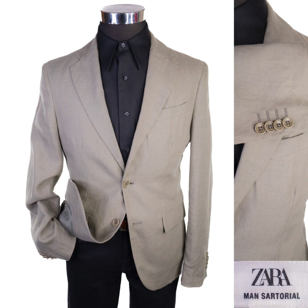 Zara Sartorial 100% Linen Blazer Olive Green Sz 36R Sport Coat 2-Button Jacket